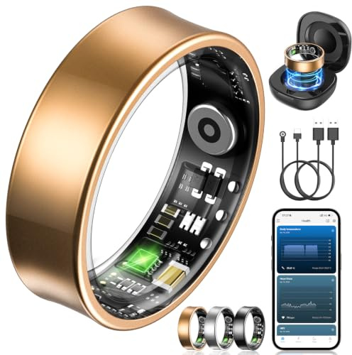 NAIXUES Smart Ring Herren Damen, Fitness Ring Tracker mit Gestensteuerung, Herzfrequenz(HRV), SpO2, Schlaftracker, 170+ Sportmodi 5ATM Wasserdicht Smartring für Android und iOS, Size 8, Gold