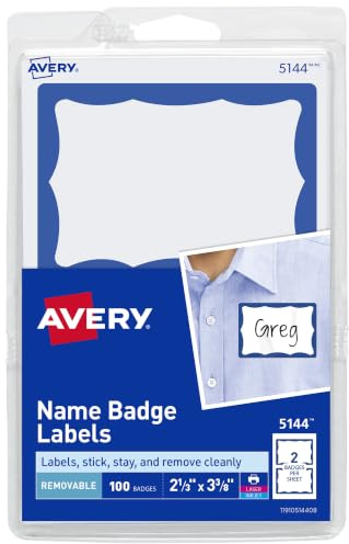 Avery Customizable Name Tags, 2-1/3 x 3-3/8, White with Blue Border, 100 Removable Name Badges (05144)