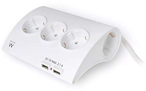 Ewent EW3935 Regleta Puertos Enchufes Múltiples Base 2 USB 5 Toma-Corrientes Europe 3680W 250V 16A/1.5M Cable de Alimentación Protección Térmica Sobretensión, 1.5 V, 3600 W, Blanco, 149 x 55 x 118