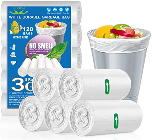 OKKEAI 120 Count 10 Litre Small Pedal Bin Bags for Bathroom Waste Paper Bin Liners Mini Garbage Bags Litter White Trash Bag for Home Office Kitchen Fit 6,7,8,9L Rubbish Bin