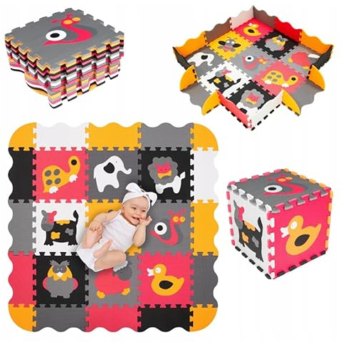 Humbi Puzzlematte Eva Schaumstoff für Babys und Kinder Krabbelmatte Spielmatte Fitnessmatte 31.5x31.5 cm Laufstall 95x95 cm (Tiere/Orange-Grau)