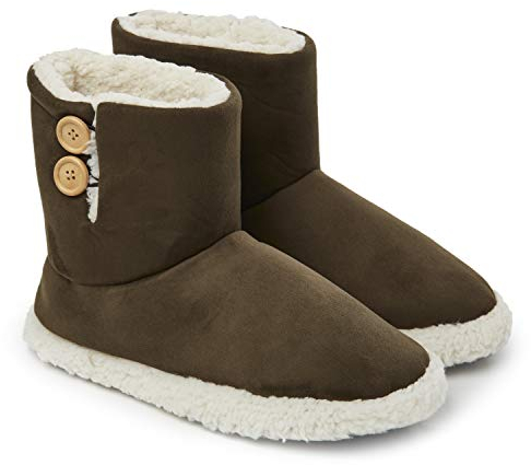 DUNLOP Mens Slippers, Faux Fur Bootie Slippers Men, Mens Slipper Ankle Boots with Rubber Sole, Classic Memory Foam Plush House Slippers, Indoor Outdoor Shoes, Gifts for Men (10 UK, Khaki)