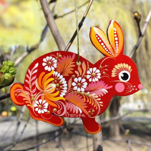 Hase Osteranhänger aus Holz Handbemalt 8,5 x 8,5 x 0,5 cm Bunter Ukrainischer Malerei Beidseitig handbemalt, Schöner Hase Osterschmuck und Christbaumschmuck