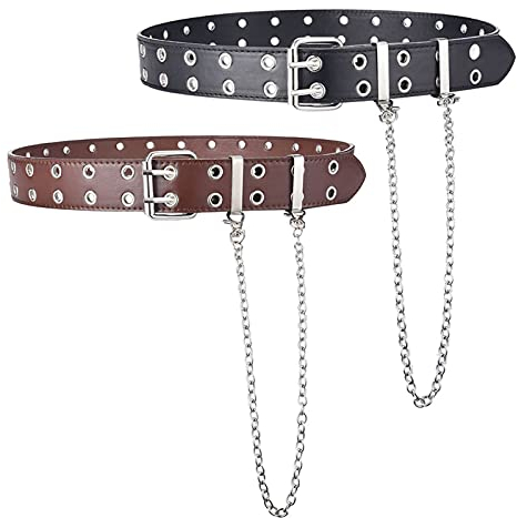 Panegy Punk Nietengürtel Gürtel Doppelloch Jeans Ledergürtel mit Metall Kette Hip Hop Rock Cosplay Ösengürtel 2 Stücke für Damen Herren