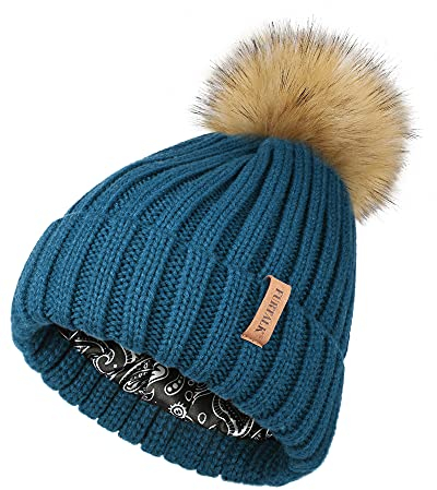 FURTALK Damen Satinfutter Bommelmütze für Haar Wintermütze mit Kunstfell Bommel