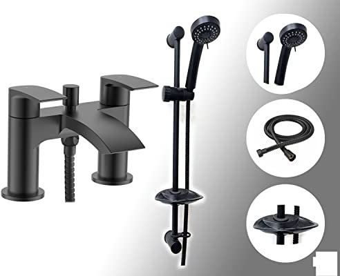 Trade In Post Bath Shower Mixer Tap & Shower Slider Rail Kit Matt Black Bathroom Taps