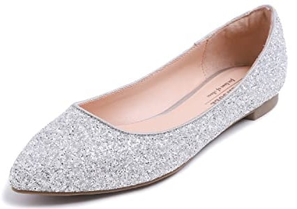 Feversole Damen Klassische Ballerinas Profilsohle Glänzende Paillette Flach Punkt glänzend Eissilber 36