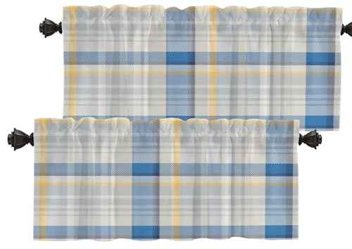 Batmerry Volant-Vorhänge, kariert, blau, grau, gelb, Fensterbehandlung, Küchenvolants, mehrschichtig, Polyester, Verdunkelung für Wohnzimmer/Badezimmer, 2 Stück, 132,1 x 40,6 cm