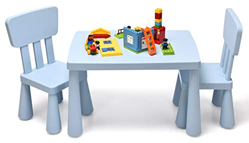 LIFEZEAL Kindertisch mit 2 Stühlen, Niedliche Kindersitzgruppe aus Kunststoff, Kindermöbel mit Rückenlehne & Runden Kanten, Kindertisch und Stuhl Set für Mädchen & Jungen (Blau)