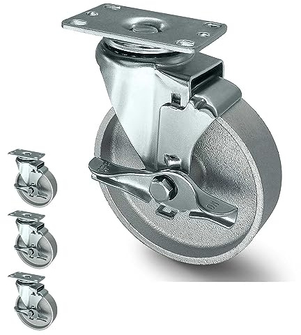 HANDSAMMU 10,2 cm Industrie-Rollen - Halbstahl-Lenkrollen Stützrad aus Gusseisen mit Bremse, robuste Rollen mit 725,7 kg Kapazität, Metallrollen für Wagen, Werkbank, Möbel
