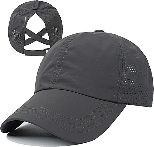 Goiwizz Damen Criss Cross Pferdeschwanz Sonnenhut Mütze Baseball Cap High Messy Bun Ponycap Hats Quick Drying Mesh Hat, grau dunkel, Einheitsgröße