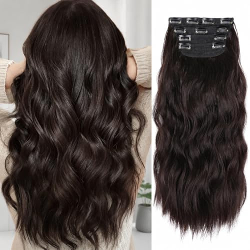 4Pcs Clip in Hair Extensions, Long Wavy Synthetic Hair Extension Clip in, 20 Inches Dark Brown Hair Extensions for Women (Color: Brown with a Slight Auburn Luster)