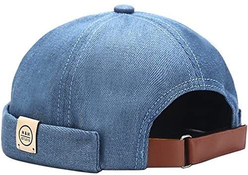 XYIYI Denim Blau Herren Dockermütze Brimless Hat Schädelkappe Arbeiter Matrosenmütze Gerollte Manschette Retro Beanie Mütze