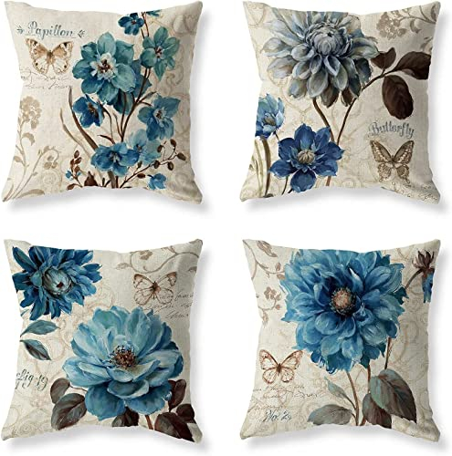 Ruedong Kissenbezug 40x40 4er Set Blaue Blüten Kissenhülle Dekokissen Kissenbezüge Couchkissen Deko Sofakissen Wohnzimmer Zierkissen für Stuhl Bett Garten Schlafzimmer