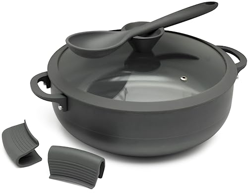 Nativo Nonstick Nontoxic Ceramic Caldero Dutch Oven with Glass Lid, Spoon Rest, Silicone Handle Protectors and Silicone Spatula (GRAY, 5 QT)