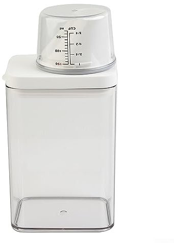 Laundry Soap Detergent Dispenser, Plastic Transparent Laundry Washing Up Powder Container Soap Detergents Storage Bottle with Measuring Cup- 1100ml