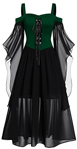 Halloween Karneval Kleid Damen Mittelalter Kleidung Teufel Vampir Kostüm Schulterfreies Mesh Schmetterlingsärmel Gothic 80er Jahre Vintage Oberteil Gothic Clothes für Cosplay