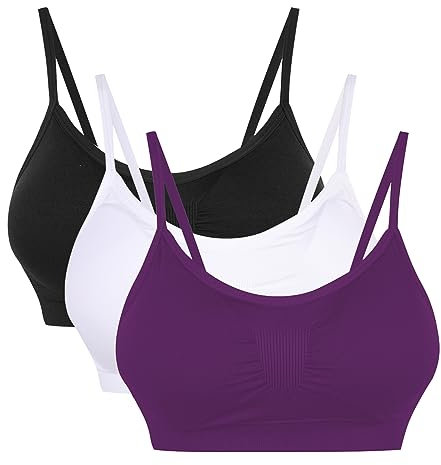 Vertvie Womens Strech Duenn Ohne Buegel Push up Yoga Sports BH Bra Top Set Fuer Fitnesstraining Polsterung 3er Pack (Schwarz+Weiß+Dunkellila, EU S/Tag M)