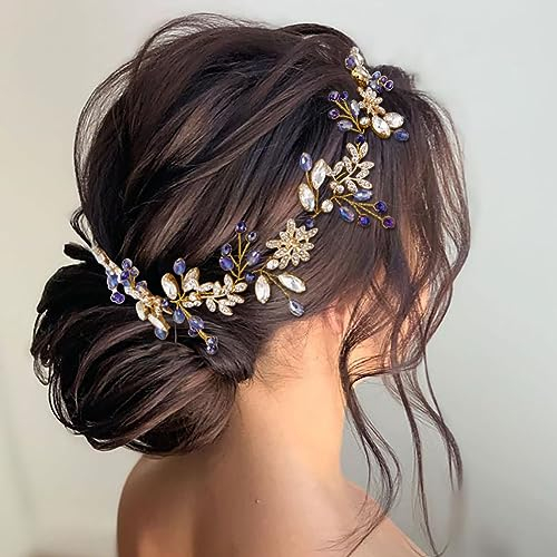 IYOU Serre-tête Mariage pour Femmes Vigne pour Cheveux Mariage Cristal Bleu Accessoires de Cheveux Strass Feuilles Bandeau de bal de fin d'année pour Mariées et Demoiselles D'honneur