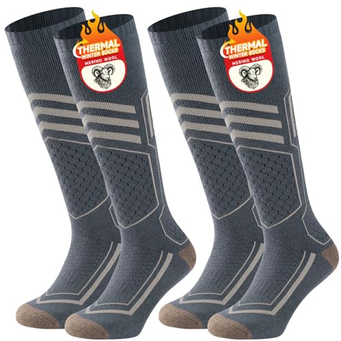 TANSTC Chaussettes Hiver Chaudes Antidérapantes 39-42 Chaussettes de Ski Coussin 2 Paires Chaussettes Haute Thermiques Respirant pour Randonnée Travail Cyclisme Chaussette Epais Equitation, Gris