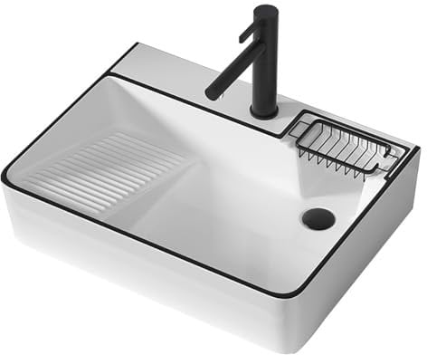 MIXXON Lavanderia del Bagno, Lavandino Bagno da Appoggio con Portasapone Rack, Lavabo per Lavanderia Utility Room Garage,590mm
