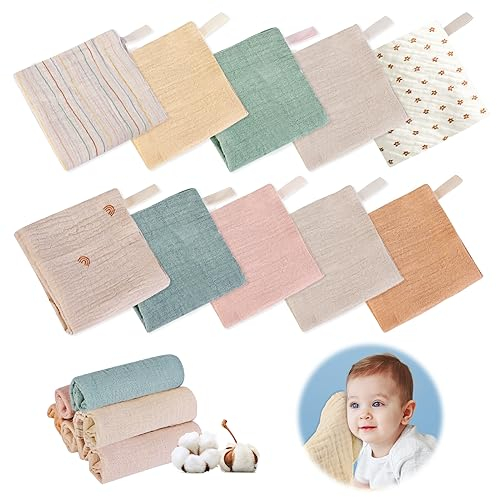 Vegena Lot de 10 gants de toilette en mousseline pour bébé - 23 x 23 cm - Gant de toilette pour bébé - Mouchoir en mousseline - Gant de toilette pour bébé garçon et fille (aléatoire)