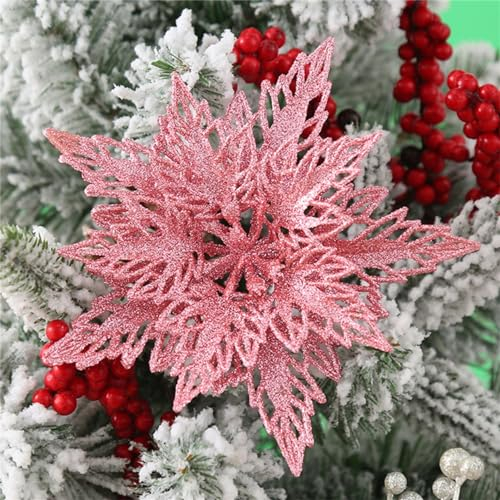 Martin Kench 12 Stück Glitter Weihnachtsbaum Dekoration,Weihnachten Schneeflocken Charms,Weihnachten Blumen Poinsettia Ornament Weihnachten Dekor, Christbaumanhänger (Rosa)