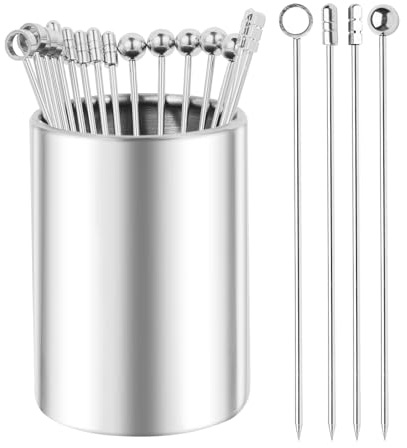 Metall-Cocktailspieße, 10,9 cm, 20 Stück + Halter-Set, 304 Edelstahl, Cocktail-Zahnstocher, wiederverwendbare Cocktailspieße, Garnierspieße, Blutige Mary-Spieße, Metall-Martini-Picker für Oliven,