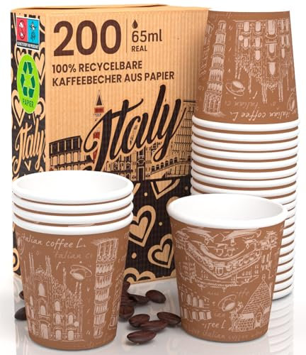 Eurocali 200 Pappbecher 65 ml Italy Brown Umweltfreundliche biologisch abbaubare Einwegbecher klein zum Mitnehmen heiße Getränke