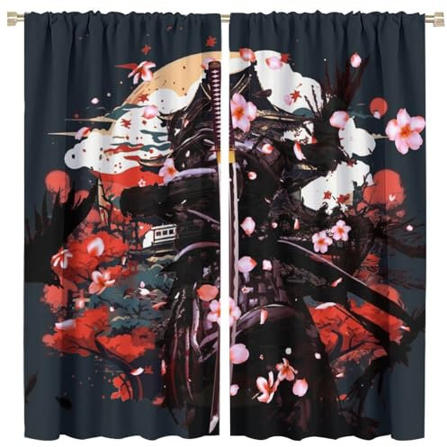 COALHO Lot de 2 panneaux de rideaux occultants à isolation thermique avec passe-tringle, motif samouraï japonais abstrait, fleur de cerisier, épée, coucher de soleil, corbeau, 114,3 x 53,3 cm (L x l)