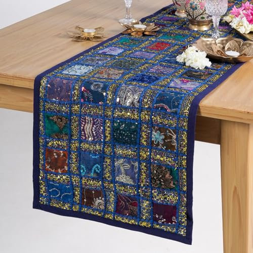Cotton Estate Blauer Patchwork-Tischläufer, dekoratives Vintage-Couchtisch-Tischset, handbestickte Tischdecke, Hippie-Dekor, 30 x 182 cm