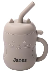 TYRY.HU Tasses avec Paille Nom Personnalisé Enfant Silicone Gobelet d'entraînement pour Bébé avec Poignée Dinky Cup et Tout-petit Tasse Apprentissage Kaki Foncé