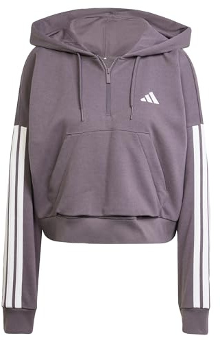 adidas Women's ESSENTIALS 3-STRIPES FRENCH TERRY QUARTER-ZIP HOODIE, Grey Strata/White, M