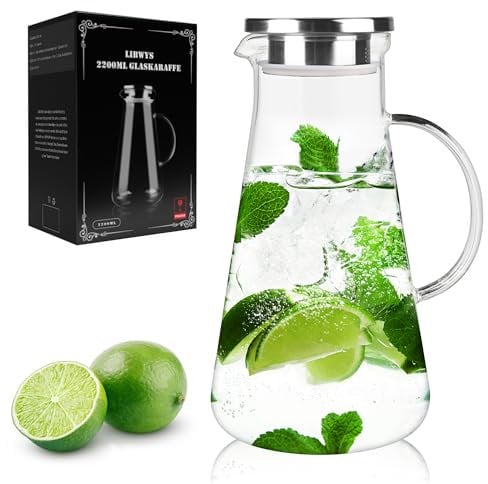 LIBWYS 2200ml Glass Water Jug - Glass Pitcher with Lid, Water Carafe Borosilicate Glass, Heat Resistant Glass jug for DIY Beverages, Juice, Hot/Cold Tea, Milk