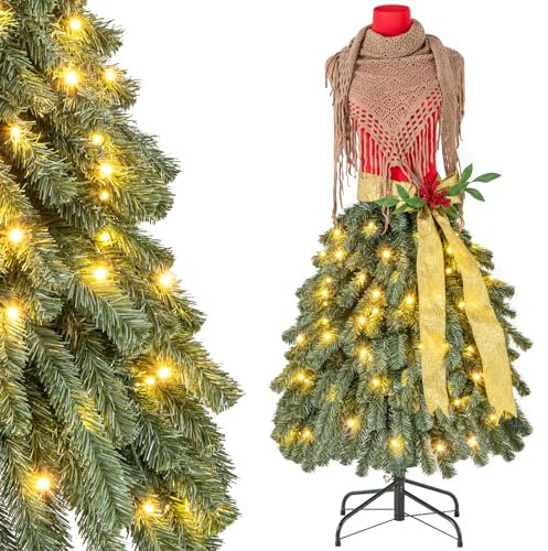 COSTWAY Künstlicher Weihnachtsbaum in Schneiderpuppen-Optik, 150 cm Tannenbaum mit Beleuchtung, Christbaum mit 100 warmweißen LED-Lichtern, roten Beeren & abnehmbarem Schal für Zuhause