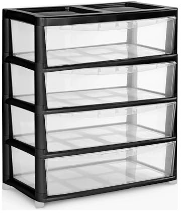 SIDSONS Jumbo Chest 4 Drawers Storage Unit, Plastic Drawers Home Office Closet Bedroom Dorm, Modular Storage Tower Cabinet Nursery School Storage Solution (Black/Clear, 4 Drawers Jumbo)