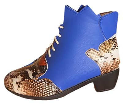 Stivali lunghi per le donne polpaccio largo donna moda stampa colorblocking stivali corti donna tacco grosso stivali abbigliamento in pelle, Blu, 40 EU