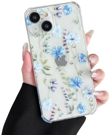 DEFBSC Case for iPhone 15, Cute Clear Floral Flower Pattern Design for Girls Women Slim Fit Shockproof Soft TPU Bumper Protective Cover - Blue
