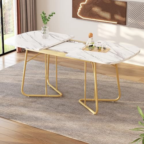 Weißer Erweiterbarer Esstisch mit Marmorstruktur, Vergoldete Metall-Tischbeine, Erweiterbarer Esstisch140/180x80 cm, Exquisiter Luxus-Stil, Weißer Rechtwinkliger Esstisch, Geeignet für 4–6 Person