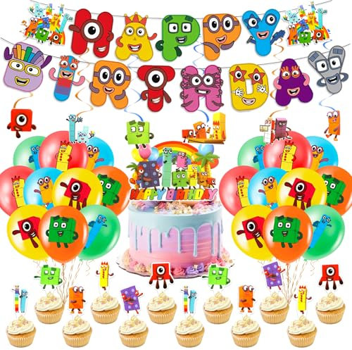 40Pcs Blocks Number Birthday Party Supplies - Happy Birthday Banner, Balloons, Cake Topper Spiral for Kids Girls