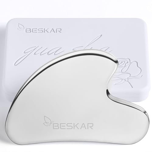 BESKAR Gua Sha Stein, Edelstahl Guasha Gesichts-Werkzeuge für Jawline Sculpting, Straffen Gesichtshaut und Reduzieren Falten, Gesicht Augen Körper Hals Massage Werkzeug