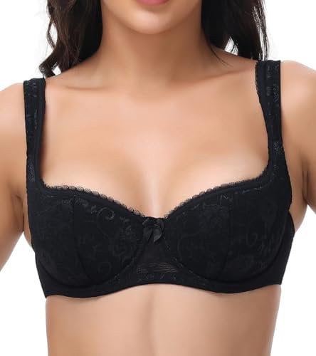 Oscrenia Balconette Bra for Women Underwire Push Up Half Cup Demi Balcony Plunge Bras(34C,Black)