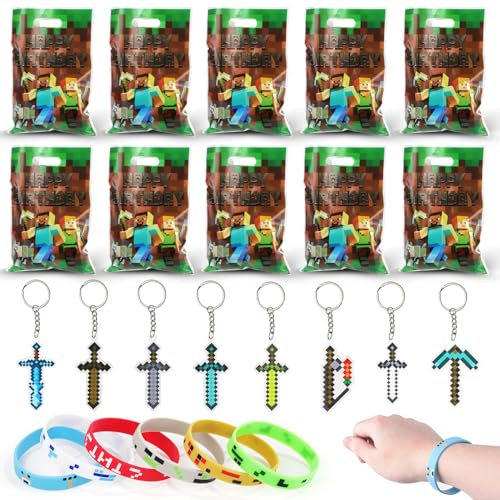 TYFYH Miner Videospiel Party Mitgebsel, Kindergeburtstag Mitgebsel Set mit Videospiel Schlüsselanhänger, Silikon Armband, Geschenktüten, Give Aways für Kinder Jungen Mädchen