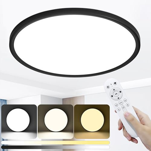 KIWIVIC 48W Dimmable LED Ceiling Lights with Remote, Living Room Bedroom Office Kitchen, Ø50cm, Black