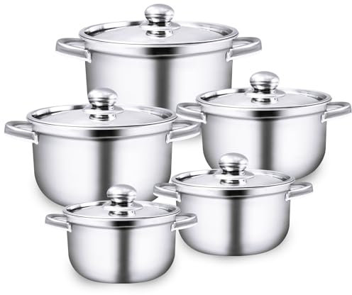 HOUSLUX Set di pentole a induzione, 5 pezzi, in acciaio inox lucidato, set di pentole non rivestite, in acciaio inox lucidato, set di pentole non rivestite