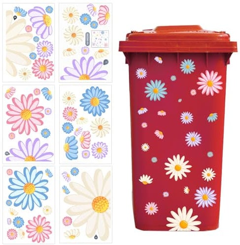 Wheelie Bin Stickers Flowers, 6 Sheets Flower Bin Sticker for Wheelie Bin Daisy Dustbin Sticker Self Adhesive Wheelie Bin Labels Waterproof Daisy Stickers for Bins, Fridge, Wall Decoration