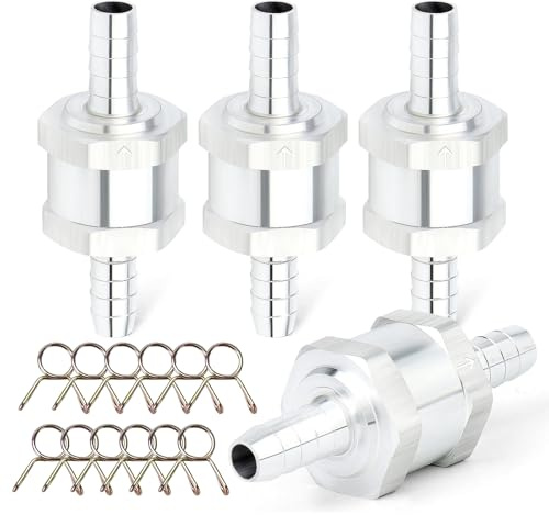 4 Stück Kraftstoff Rückschlagventil, 6mm Aluminium Rücklaufsicherung mit 8 Stück Federklammer Rückschlagventil für Benzin Wasser Chrom Auto Auto Niederdrucksystem