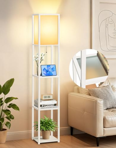 OUTON Stehlampe mit Glasablagen, 3000K-6000K Einstellbare Farbtemperaturen, LED Moderne Säulenstehlampe, Holz Eck-Display Stehleuchte für Wohnzimmer, Schlafzimmer, Büro, Weiß