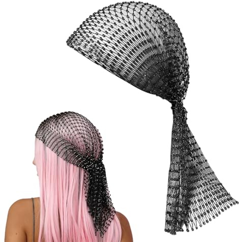 Hybursky Fishnet Headband with Rhinestone Hollow Out Glitter Sequins Head Scarf Veil Cap Elastic Nightclub Headwrap Headpiece Turban Caps Hair Accessories for Women Girls | Hollow Out Elastic Glitter Veil Nightclub Headwrap Headpiece Turban Caps Hair Accessories for Women Musical Festival Outfits