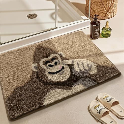 Trlyane Badteppich rutschfest Waschbar 50 x 80 cm, Mikrofaser, Gorilla | Weicher Saugfähiger Badezimmerteppich, Rutschfeste Badematte aus Mikrofaser mit Tiermotiv für Bad, Dusche und Eingang